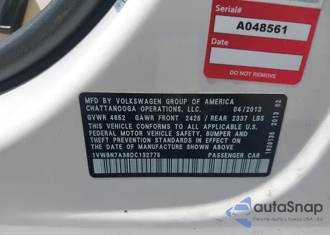 2013 Volkswagen Passat 2.0L Tdi Se from USA, damaged, VIN 1VWBN7A38DC132775